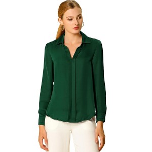 INSPIRE CHIC Women's Elegant V Neck Long Sleeve Office Work Satin Shirt - 1 of 4