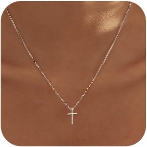 Dainty Gold Cross Necklace for Women, 14K Gold Plated Small Pendant Choker - 1 of 4