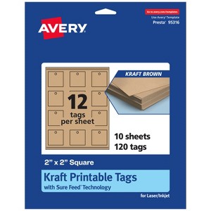 Avery Printable Square Tags with Sure Feed Technology, 2" x 2", Kraft Brown Cardstock, Print-to-the-Edge, Laser/Inkjet, 120 Total - 1 of 4