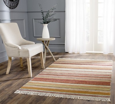 Handmade Red and Beige Wool Striped 4' x 6' Area Rug