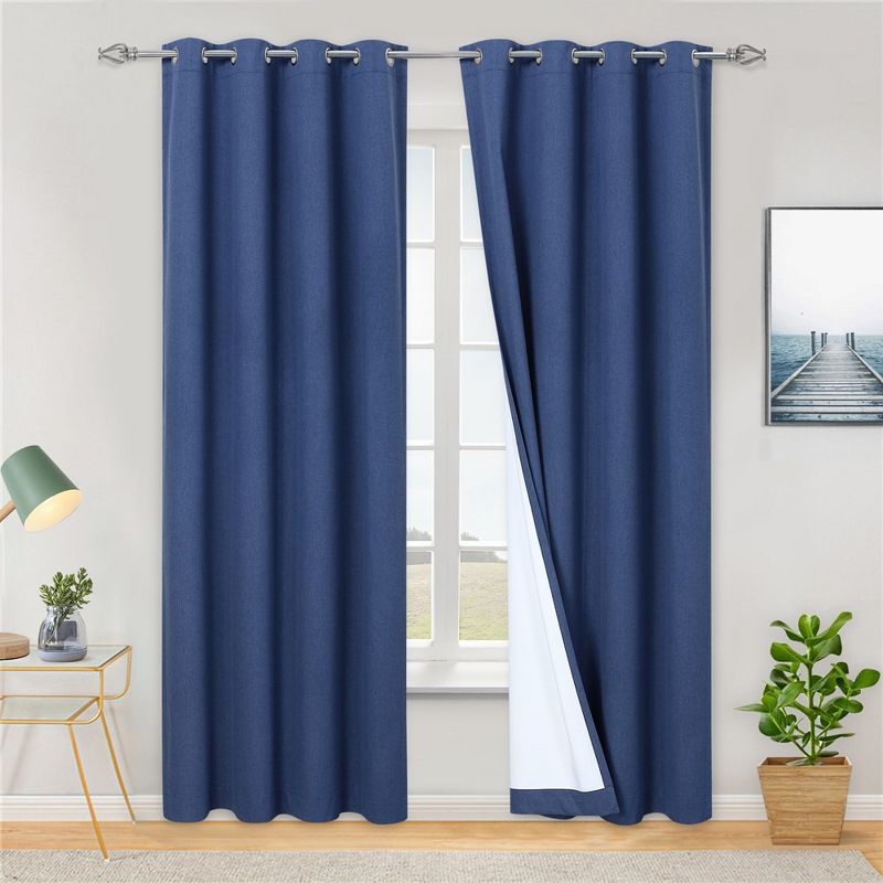 Faux Linen Textured Blackout Room Darkening Grommet Window Curtain Panels, Navy Blue, 52" x 90", 2 Panels, 1 of 7