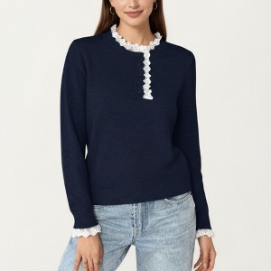 Anna-Kaci Women's Long Sleeve Knit Top with Lace Trim Collar and Button Front Detail - 1 of 4