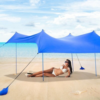 Costway Family Beach Tent Canopy w/ 4 Poles Sandbag Anchors 7'x7' UPF50+ Blue