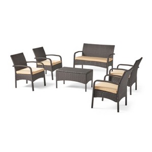 GDFStudio Kilburn Outdoor Wicker 6 Seater Chat Set with Water-Resistant Cushion - 1 of 4