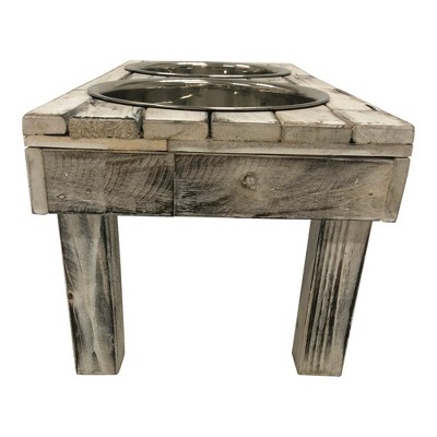 Large White Wash Reclaimed Wood Elevated Double Bowl Feeder