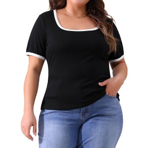 Agnes Orinda Women's Plus Size Color Block Square Neck Short Sleeve Slim Fit Knit Casual T-Shirt - 1 of 4