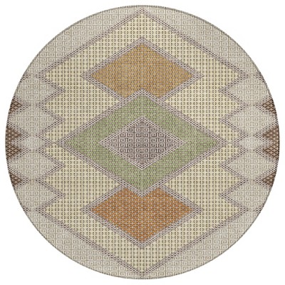 HomeRoots 8' Brown Copper And Fern Green Round Geometric Washable Indoor Outdoor Area Rug