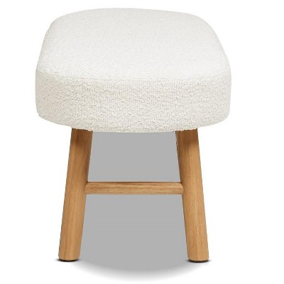 Ivory White Boucle Upholstered Bedroom Bench with Natural Wood Legs