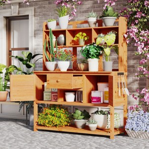 Outdoor Potting Bench with Hutch, Wood Garden Workstation, Plotting Bench with Drawer and Adjustable Shelves and Cabinets-Coolbibila - 1 of 4
