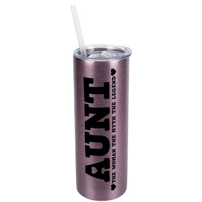 Elanze Designs Rose Gold 20 Ounce Double Wall Stainless Steel Glitter Travel Tumbler With Sliding Lid And Straw, Aunt The Woman The Myth The Legend