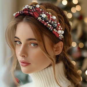 Wrapables Wide Knotted Headbands, Top Knot Headbands for Women and Girls, Holiday Red Plaid - 1 of 4