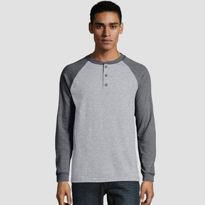 Hanes O5811 Men's Beefy-T Long-Sleeve Colorblock Henley, Gray