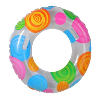 Pool Central 35" Inflatable Swirl Polka Dot 1-Person Transparent Swimming Pool Inner Tube Ring Float - Orange/Blue