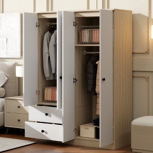 TIRAMISUBEST 4 Door Bedroom Wardrobe Closet with 2 Storage Drawers and Hanging Rod, Wooden Armoire Clothes Organizer with Storage Shelves - 1 of 4