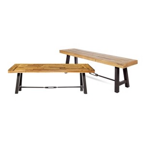 GDFStudio Rosario Outdoor Acacia Wood Dining Benches (Set of 2), Teak/Rustic Metal - 1 of 4
