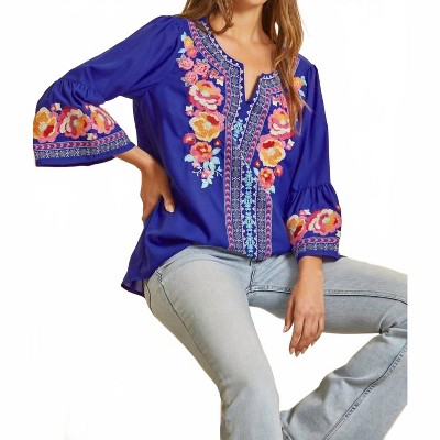 Women's Split Neckline And Bell Sleeve Embroidered Top -plus - Savanna Jane