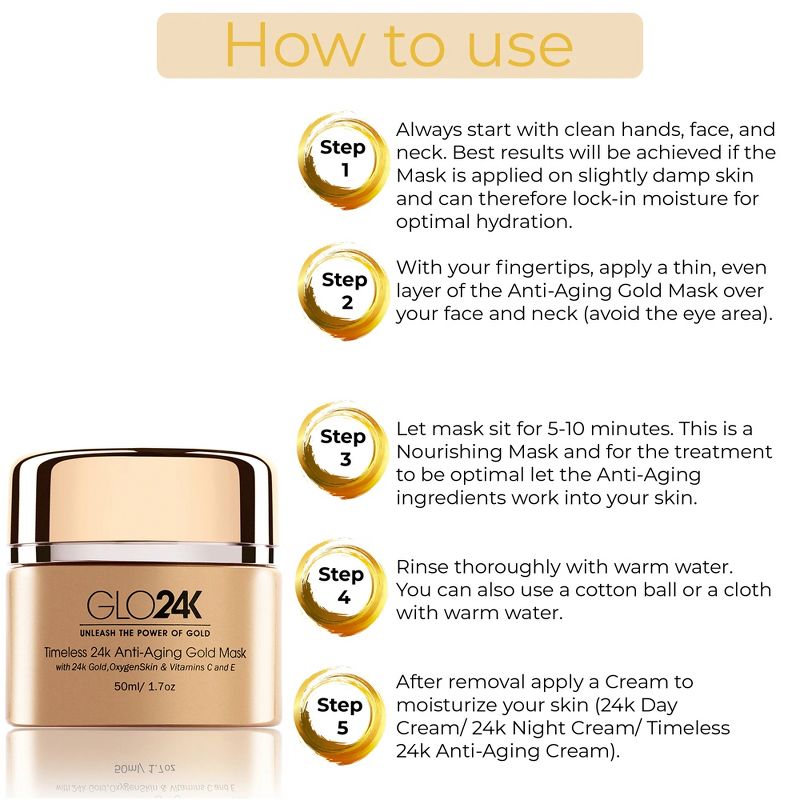 GLO24K Timeless Nourishing Gold Mask With 24k Gold, OxygenSkin, & Vitamins C,E Potent Formula For Radiant Skin - Made In The USA, 5 of 7