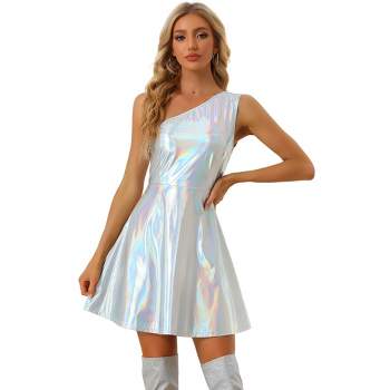 Silver Metallic V-Neck Skater Dress | Womens | Large (Available in XS, S, M, XL) | 100% Polyester | Lulus Exclusive | Dresses | Cocktail Dresses