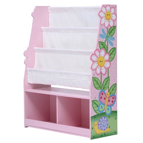 Fantasy Fields Magic Garden themed Pink Book Case Kids Wooden Bookcase with Storage Drawer & Magic Garden themed Wooden Dress Up Storage Station Clothing Rail Rack with Set of 4 Hangers