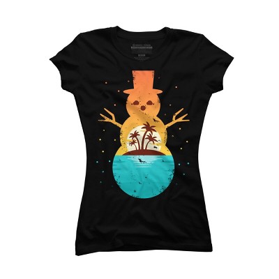 Junior's Design By Humans Christmas in July Snowman Sunset By destiny29 T-Shirt
