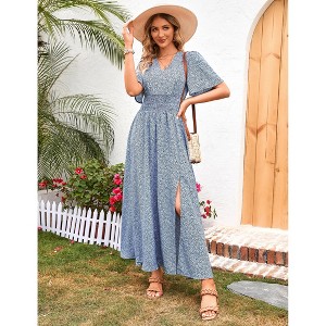 Women's Floral Print V-neck Ruffle Shortsleeve Waist Tie Dress Maxi Dress - 1 of 4