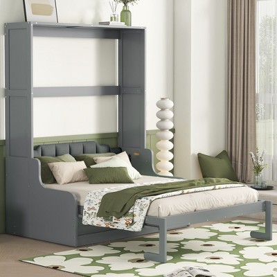 NicBex Queen Size Murphy Bed Wooden Frame Murphy Bed Cabinet Morden Hideaway Wall Bed with Sofa and Shelf for Guest Room