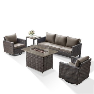 Buenhomino 5-Piece Patio Furniture Set with Fire Pit,Wicker Outdoor Swivel Rocker Chairs Patio Sofa for Backyard,Poolside,Deck,Gray Wicker - 1 of 4