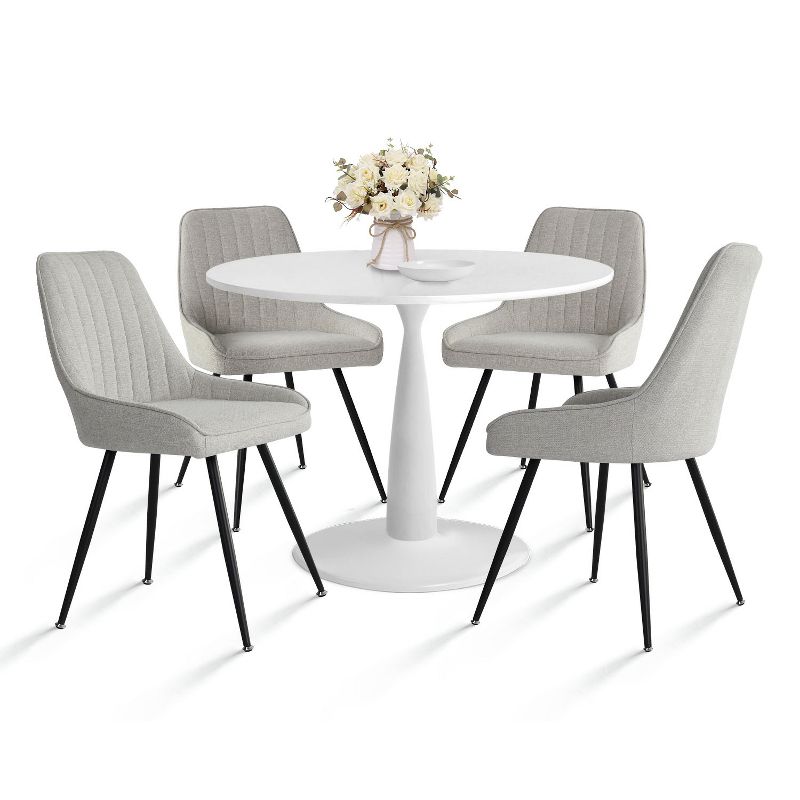 White Round Dining Table Set For 4,Round Pedestal Dining Table 35" With 4  Upholstered Fabric Dining Chair with Black Legs-Maison Boucle, 2 of 8