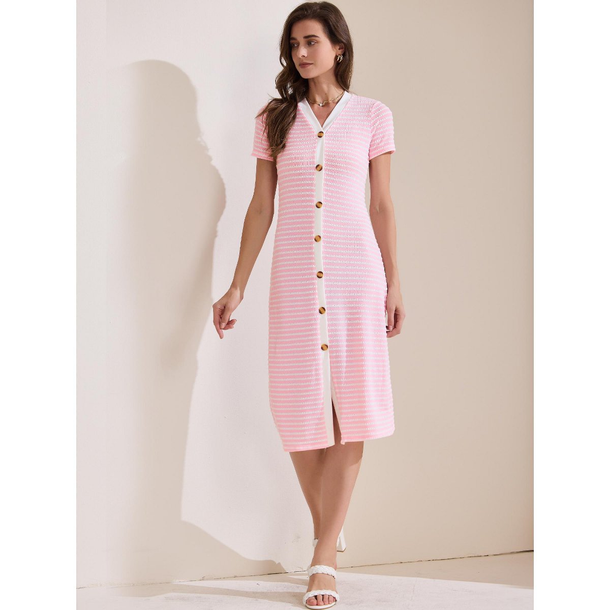 Женские платья INSPIRE CHIC Women's Button Down V-Neck Short Sleeve Striped Ribbed Knit Midi Dresses X-Small Pink — фото 3