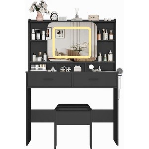 Vanity Desk with Sliding Mirror, Makeup Desk and Stool, Girls Vanity Table with 2 Drawers & Storage Shelves for Bedroom - 1 of 4