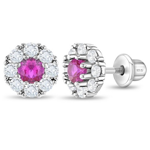 Pink & Clear CZ Flower Kids / Children's / Girls Earrings Screw Back - Sterling Silver at in Season Jewelry