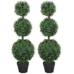 Set of 2 Artificial Ball Boxwood Topiary Trees, Fake Plants in Pot for Indoor Outdoor Living Room Green - 1 of 4