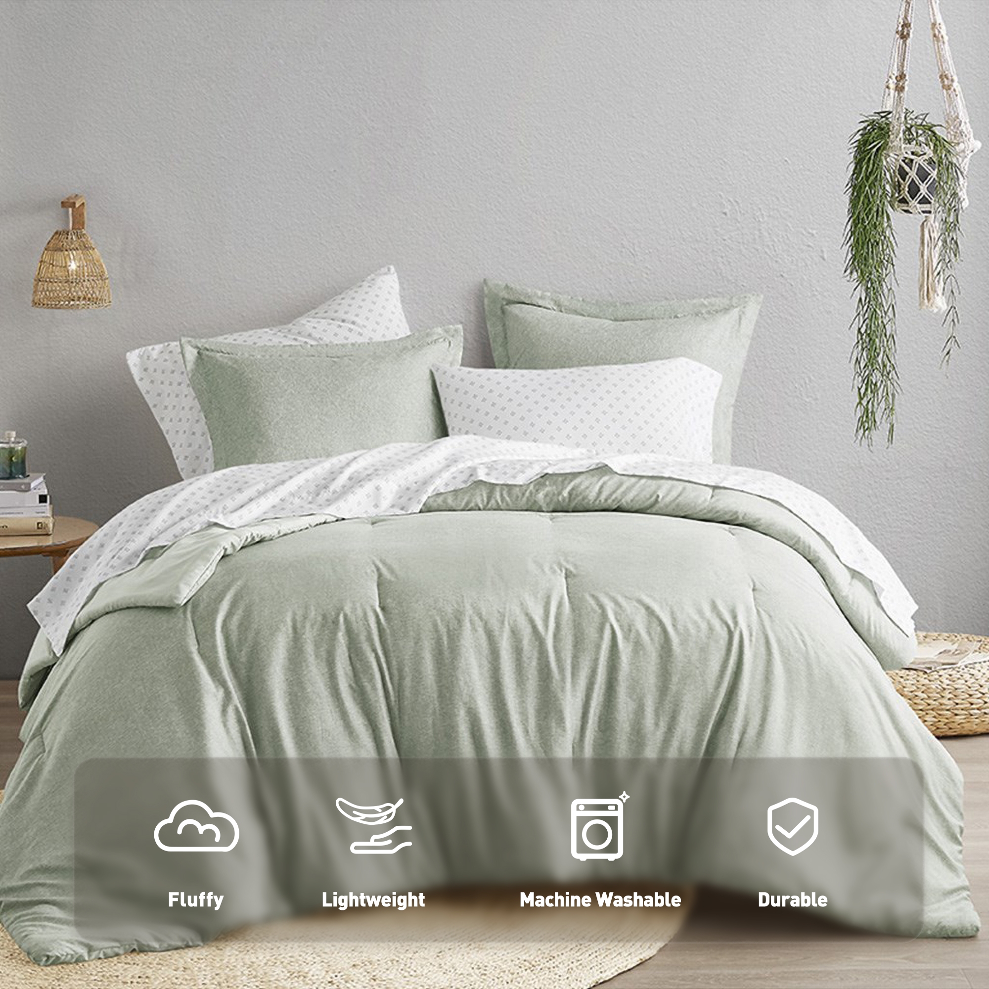 7Pcs Comforter set Farmhouse Bedding Comforter for All Seasons Boho Bedding Set, Lightweight Solid Bed Comforter Sets,Sage Green,Queen
