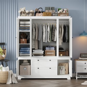Buenhomino White Freestanding Modular Wardrobe Combo Armoires Closet,DIY Closet System with Wood Storage Drawers and Hanging Rods - 1 of 4