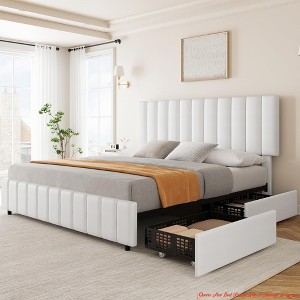 Full/Queen/King Size Bed Frame, Platform Storage Bed w/ 4 Drawers, Upholstered w/Adjustable Headboard, Wood Slat Support - 1 of 4