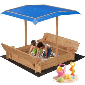 Wooden Sandbox with Canopy, Kids Sand Box with Bench Seats for Outdoor Play - 1 of 4