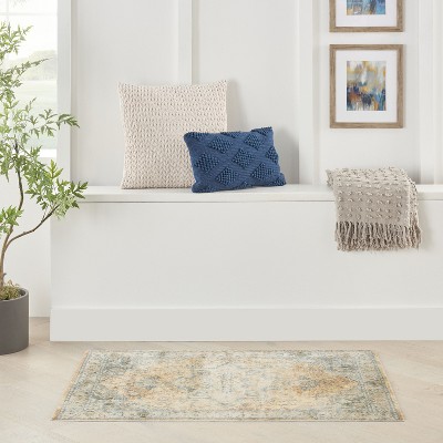 Beige Blue Medallion Washable Synthetic Flatweave Rug 2'2" x 4'