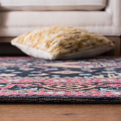 Navy and Pink Floral Motif Cotton Area Rug, 4' x 6'