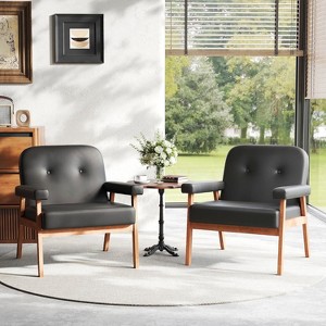 Faux Leather Black Armchair with Wooden Frame, Upholstered Living Room Chairs Comfy Reading For small space - 1 of 4