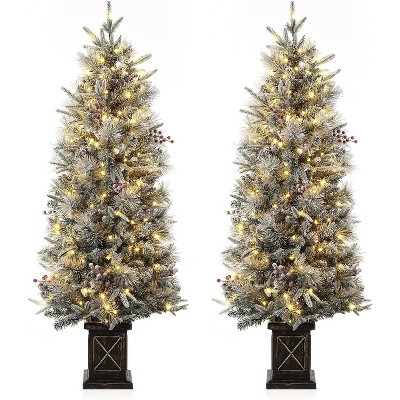 4.5ft Artificial Christmas Tree with 108/200/300 Warm LED Lights for Home, Entrances, Prelit Snow Flocked Xmas Tree, Retro Pot