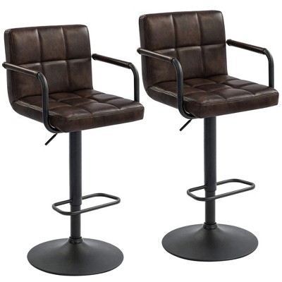 Furniliving Bar Stools Set of 2 with Back, Modern Square Faux Leather Stools with Armrest, Adjustable Height for Kitchen/Bar/Pub/Cafe