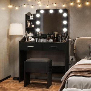 Vanity Desk with Power Outlet, Makeup Vanity with Large Mirror and LED Lights, 7 Drawers & Cushioned Stool - 1 of 4