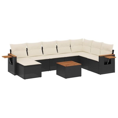 vidaXL 9 Piece Patio Sofa Set with Cushions Black Poly Rattan - Black and Cream With Table