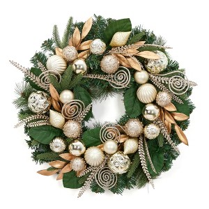 Preassembled Christmas Wreath, 24 Inch Christmas Pine Tree Wreath with Gold Leaf Balls Pine Cones for Front Door Christmas Decoration - 1 of 4