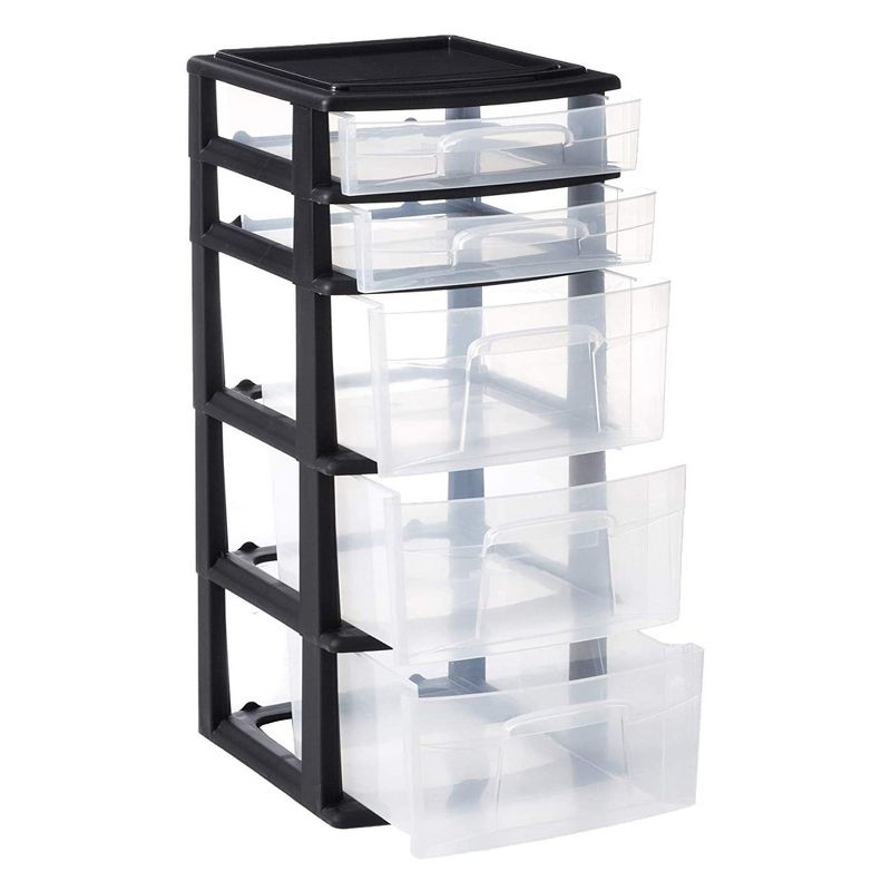 Homz Plastic 5 Clear Drawer Medium Home Organization Storage Container Tower with 3 Large Drawers and 2 Small Drawers, Black Frame, 2 Pack, 4 of 8