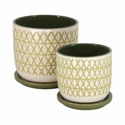 Sagebrook Home Set of 2 Ceramic Planters - Contemporary Olive Green 5" and 6" X Design Planter Set for Indoor or Outdoor Plants and Succulents -