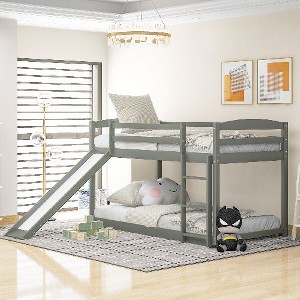 Kumasinova Twin-Over-Twin Low Bunk Bed with Convertible Slide & Ladder, Sturdy Wooden Bed Frame with Safety Bar, Kids' Bunk Bed/Gaming Beds - 1 of 4