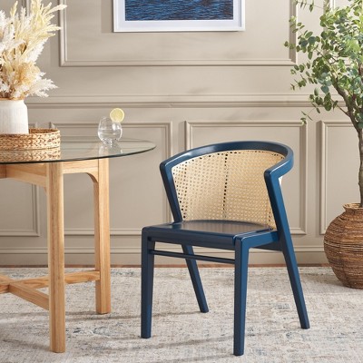 Navy and Natural Wood Arm Chair with Rattan Back