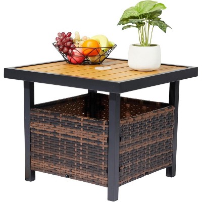 VINGLI Outdoor Side Table with Umbrella Hole Wicker Patio Umbrella Table, Wicker Side Table End Table for Balcony Porch Deck