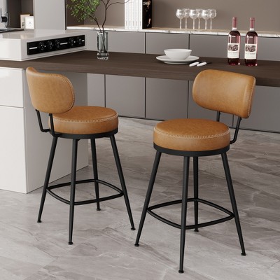 Dyonery Bar Stools Set of 2, 26" Height Mid Century Modern Swivel Counter Height Barstools with Back, Metal Base,Faux Leather - Green
